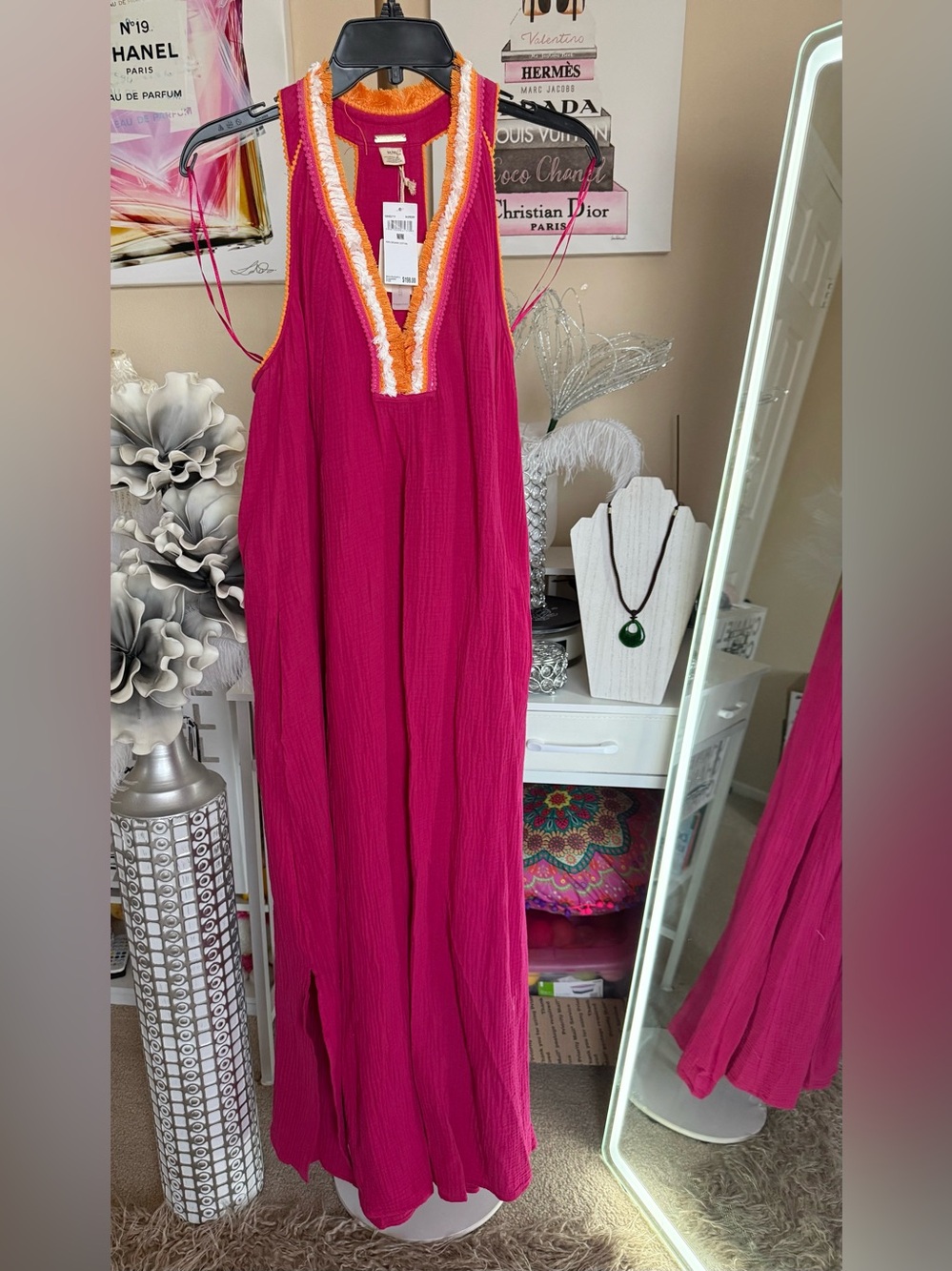 Magaschoni Fuchsia Maxi Dress with Orange Trim